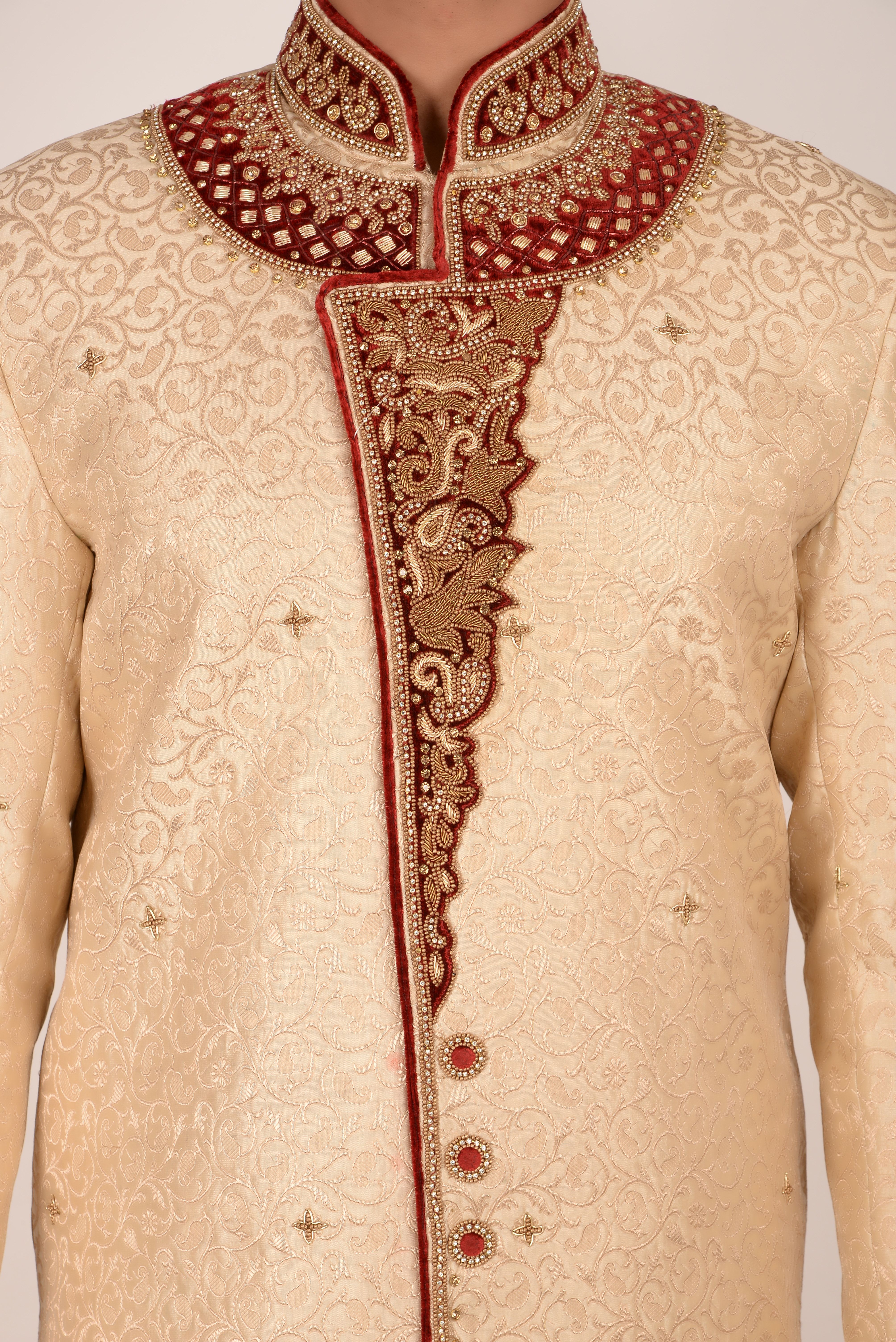 👑 Sheriff Cream & Red Embroidered Sherwani for Men