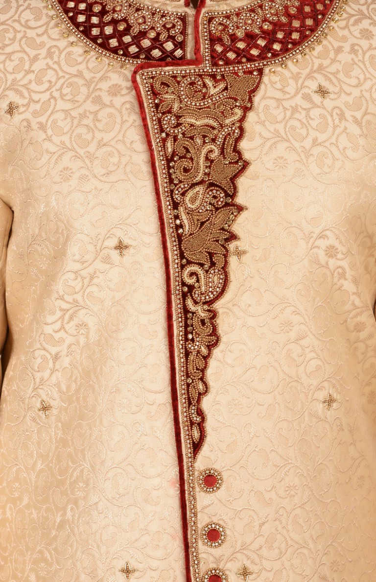 π Sheriff Cream & Red Embroidered Sherwani for Men - Image 3