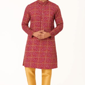 Sheriff Men’s Traditional Bandhani Print Kurta Pajama Set – Pink & Golden | Ethnic Wear for Wedding, Festive & Party – SKU: KP-115