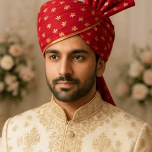 Sheriff Red Golden Wedding Safa for Men | Rajasthani Floral Pagdi | Groom & Baraat Turban for Ethnic Wear