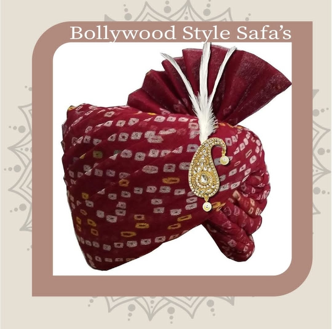 Bollywood Style Maroon Bandhani Wedding Safa for Men | Groom & Baraat Turban with Feather & Brooch | Traditional Rajasthani Pagdi
