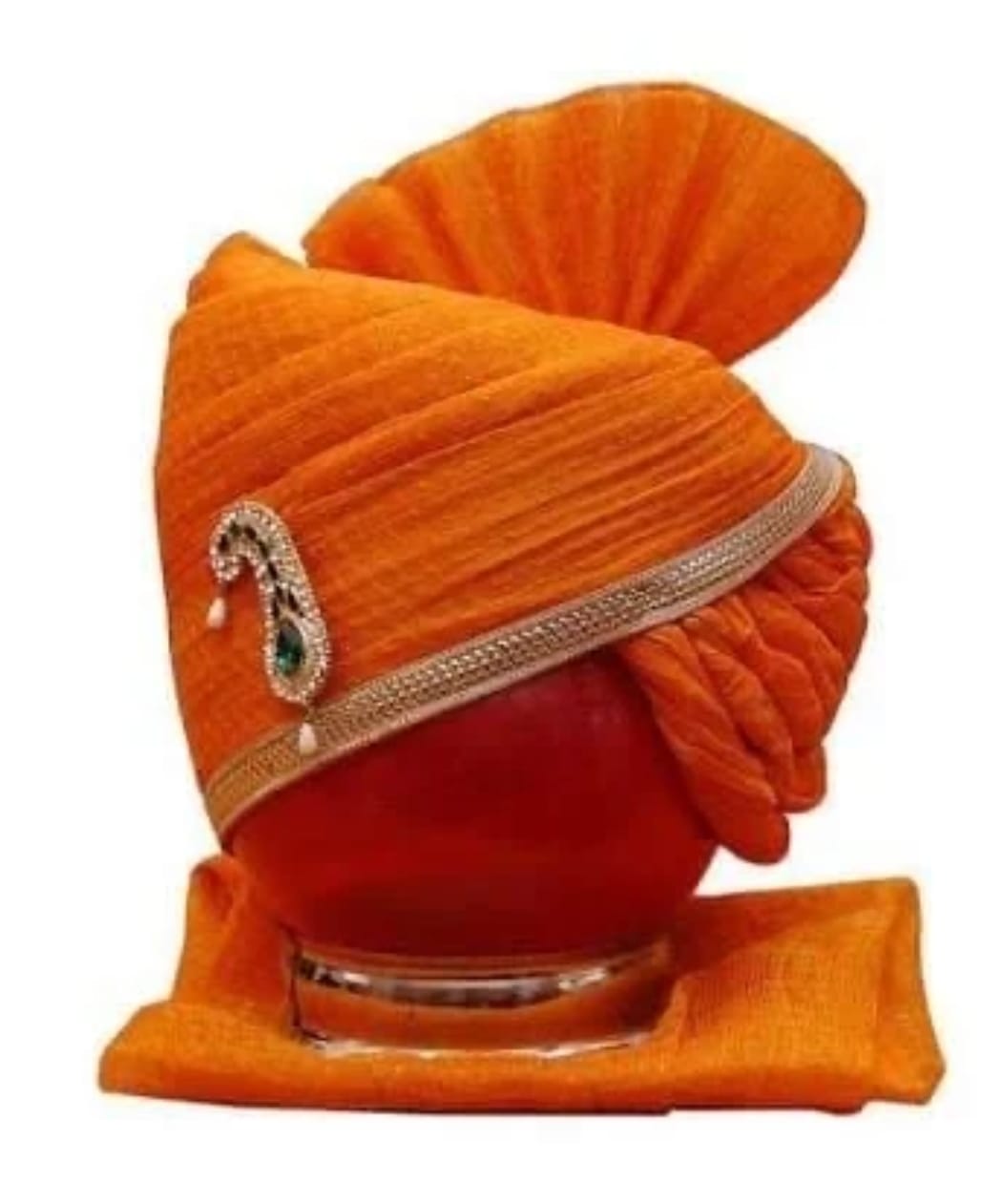 Sheriff Orange Wedding Safa for Men | Traditional Rajasthani Groom Turban with Brooch | Ethnic Pagdi for Weddings & Festivals - Image 2