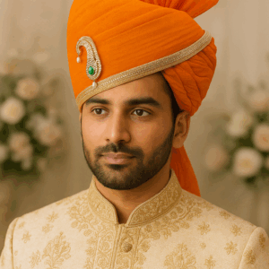 Sheriff Orange Wedding Safa for Men | Traditional Rajasthani Groom Turban with Brooch | Ethnic Pagdi for Weddings & Festivals