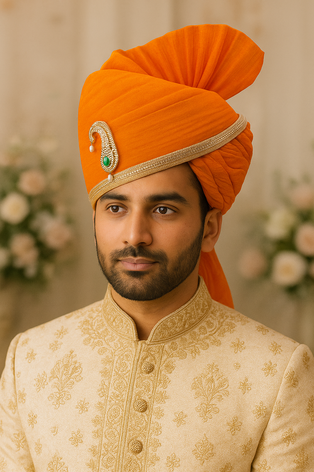 Sheriff Orange Wedding Safa for Men | Traditional Rajasthani Groom Turban with Brooch | Ethnic Pagdi for Weddings & Festivals