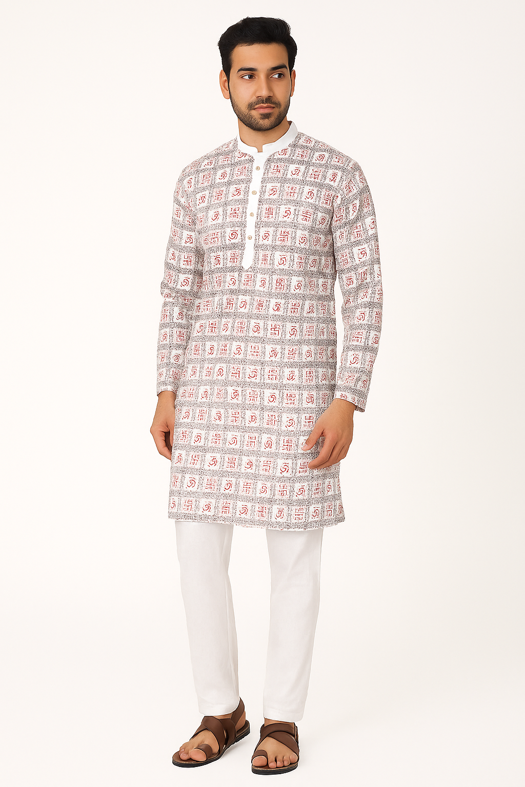 Sheriff Men’s Om & Swastik Printed Cotton Kurta Pajama Set | Traditional Indian Ethnic Wear for Festivals, Pooja & Weddings