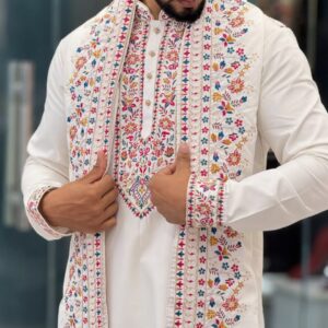 Men’s White Fendi Silk Embroidered Kurta Pajama with Stole | Luxury Festive & Wedding Wear by Sheriff Sherwani Jaipur