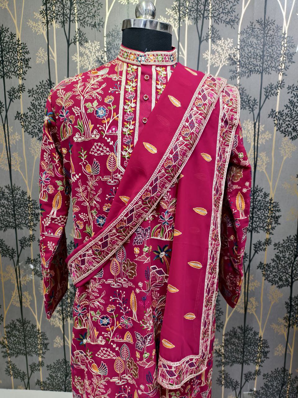 Men’s Maroon Embroidered Kurta Pajama with Dupatta | Luxury Designer Wedding & Festive Ethnic Wear by Sheriff Sherwani Jaipur