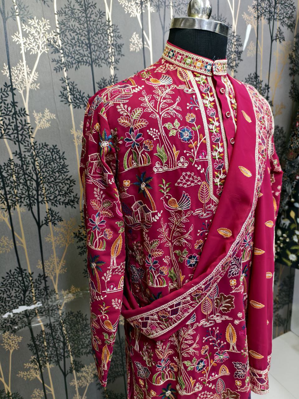 Men’s Maroon Embroidered Kurta Pajama with Dupatta | Luxury Designer Wedding & Festive Ethnic Wear by Sheriff Sherwani Jaipur - Image 2