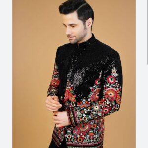 Sheriff Black Floral Embroidered Designer Indo-Western Jacket for Men