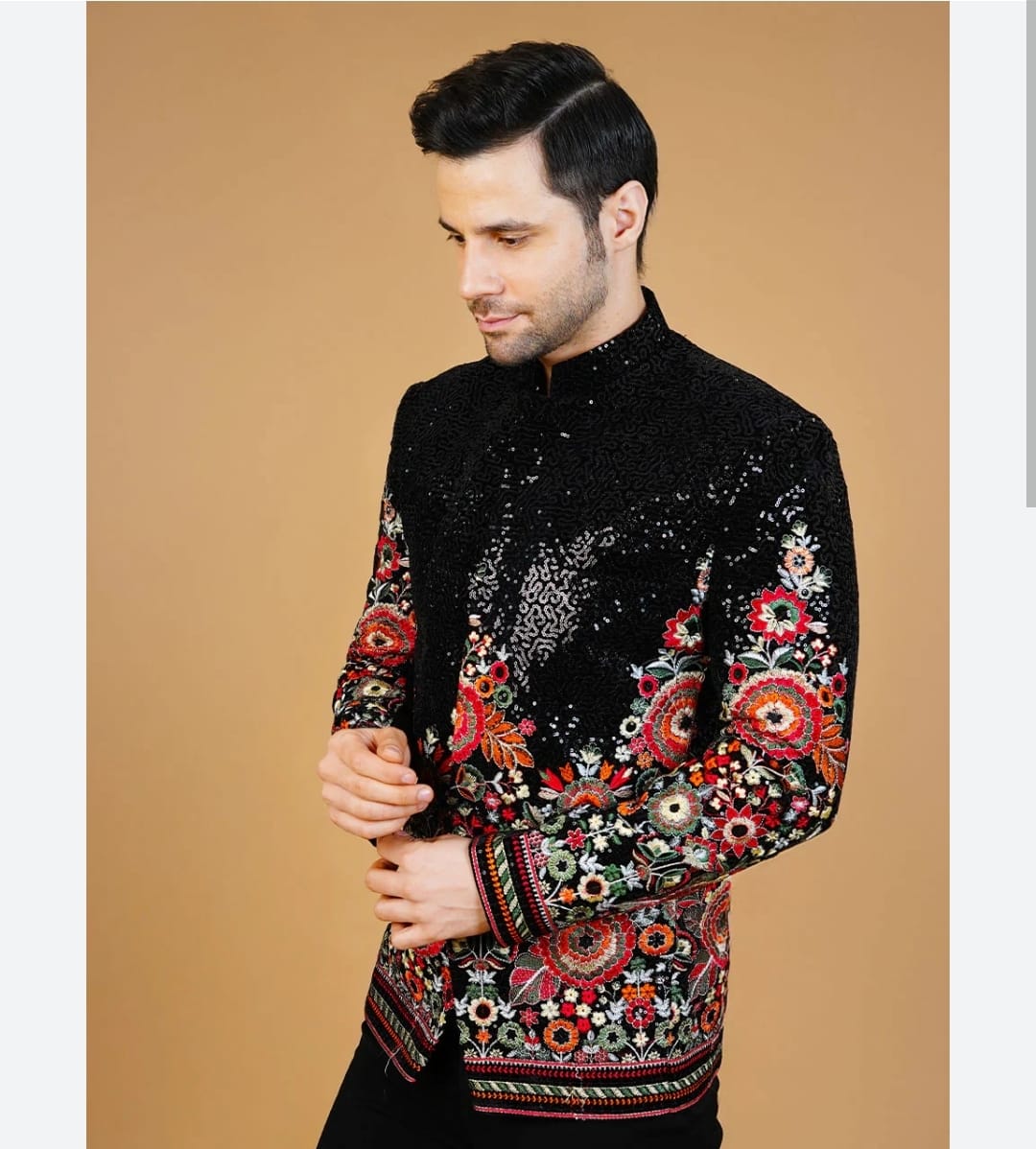 Sheriff Black Floral Embroidered Designer Indo-Western Jacket for Men
