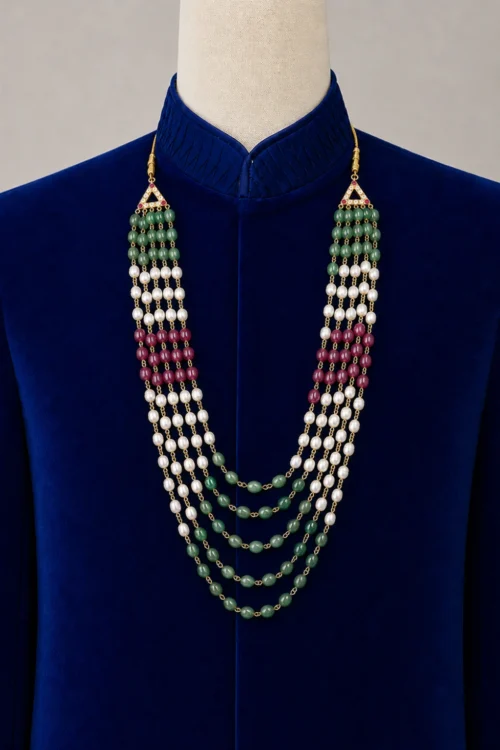 Multi Layer Green Pearl & Stone Maala for Men