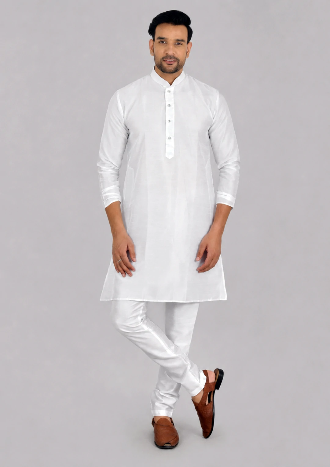 Men's White Dupion Silk Traditional Bandhgala Kurta