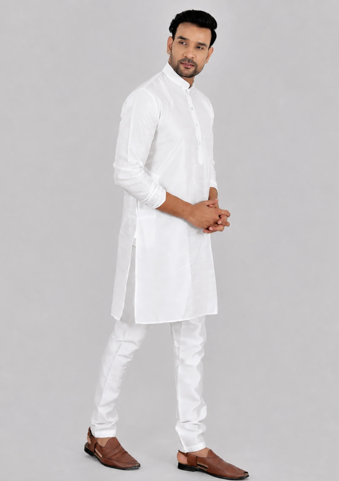 Men's White Dupion Silk Traditional Bandhgala Kurta - Image 2