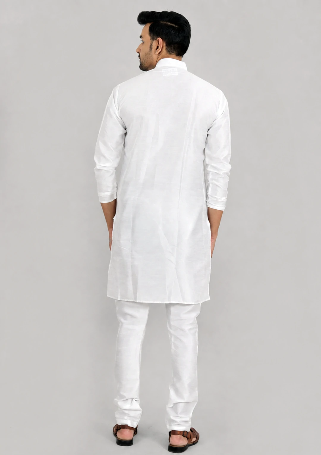 Men's White Dupion Silk Traditional Bandhgala Kurta - Image 3