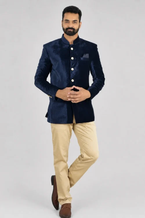 Men’s Royal Blue Velvet Bandhgala Jodhpuri