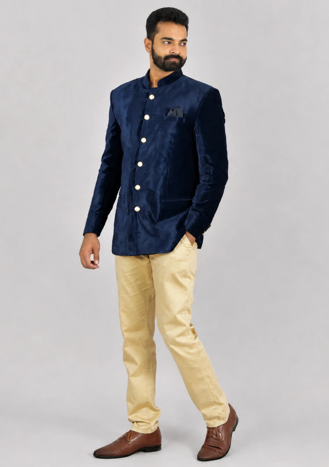 Men’s Royal Blue Velvet Bandhgala Jodhpuri - Image 3