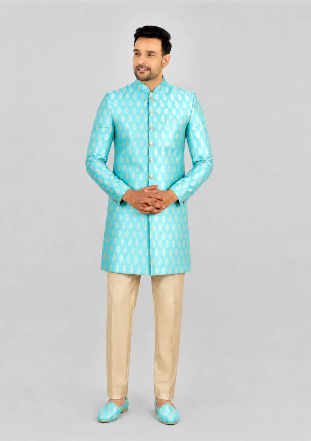 Ice Blue Brocade Premium Indo Western Set for Men