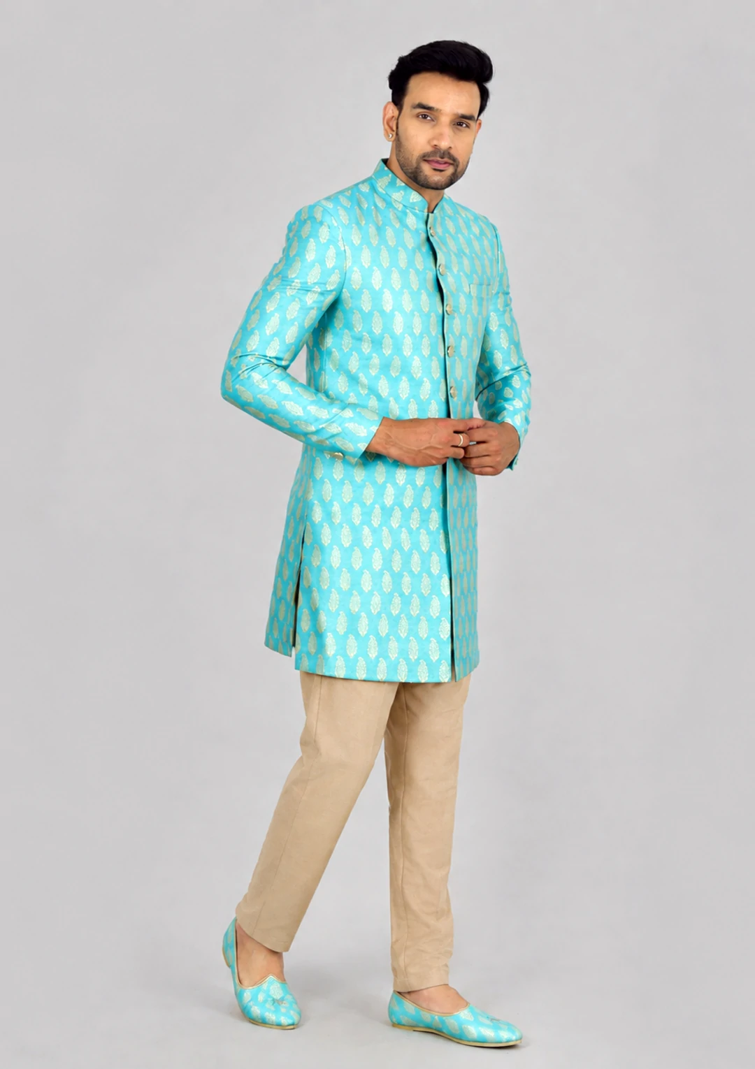Ice Blue Brocade Premium Indo Western Set for Men - Image 2
