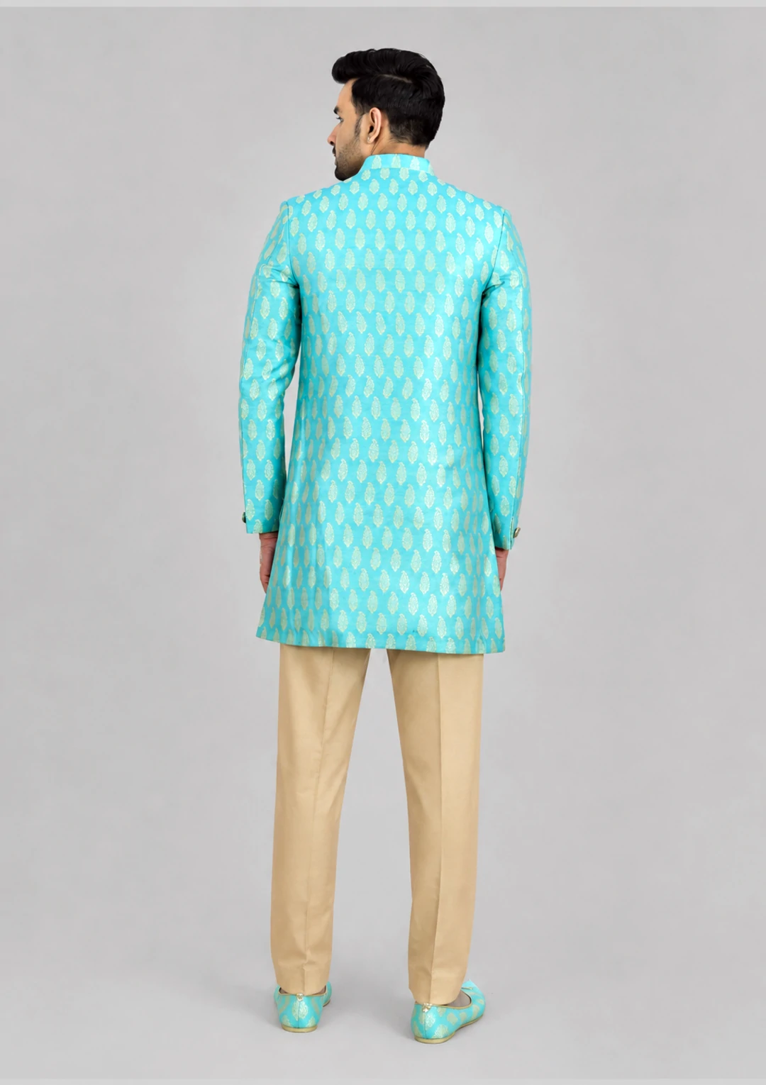 Ice Blue Brocade Premium Indo Western Set for Men - Image 4