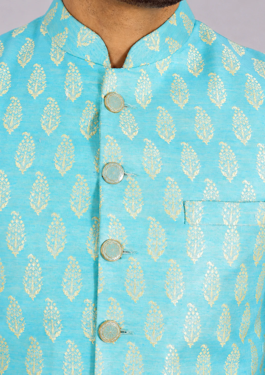 Ice Blue Brocade Premium Indo Western Set for Men - Image 5