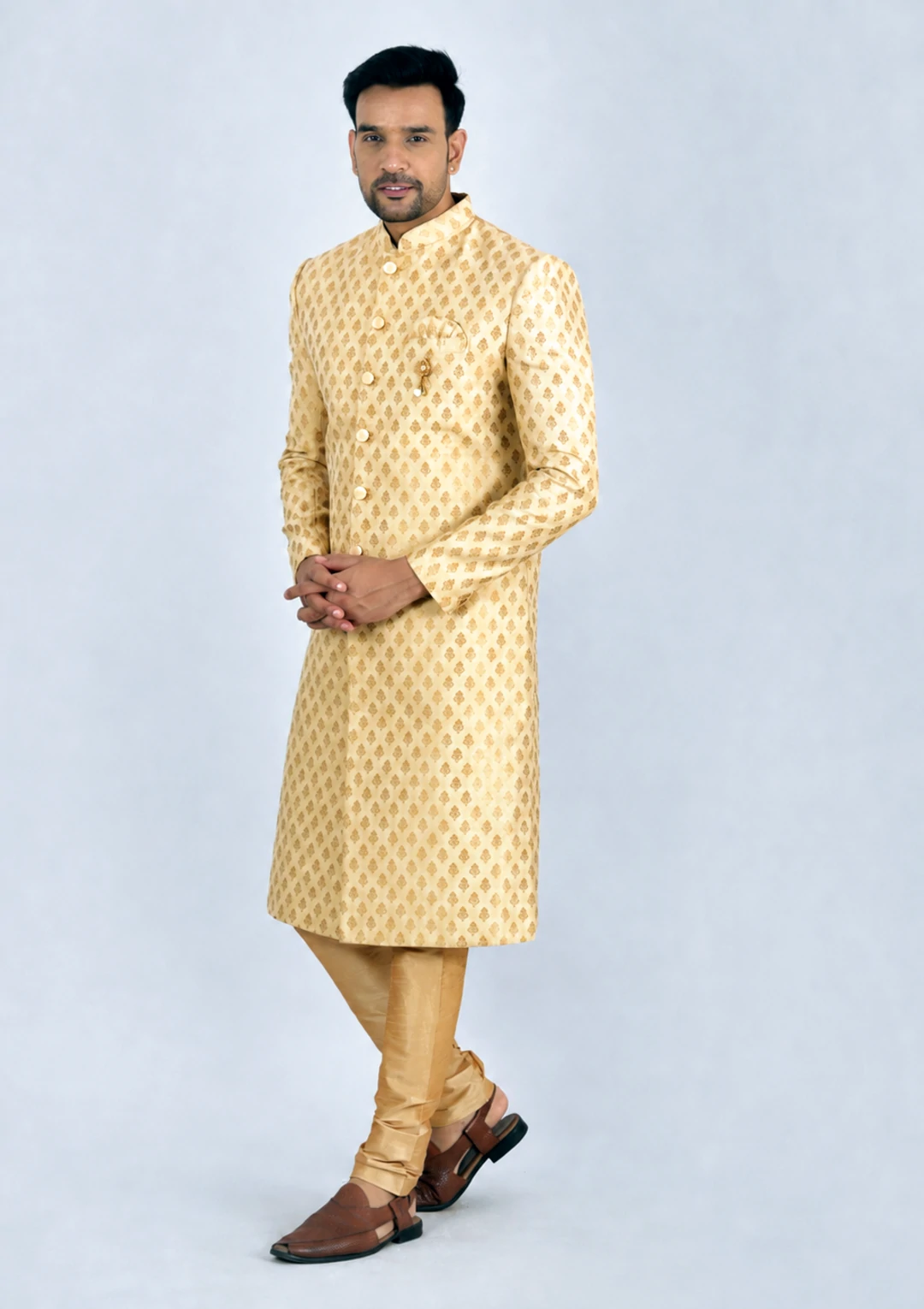Light Gold Brocade Simple Sherwani for Men - Image 3