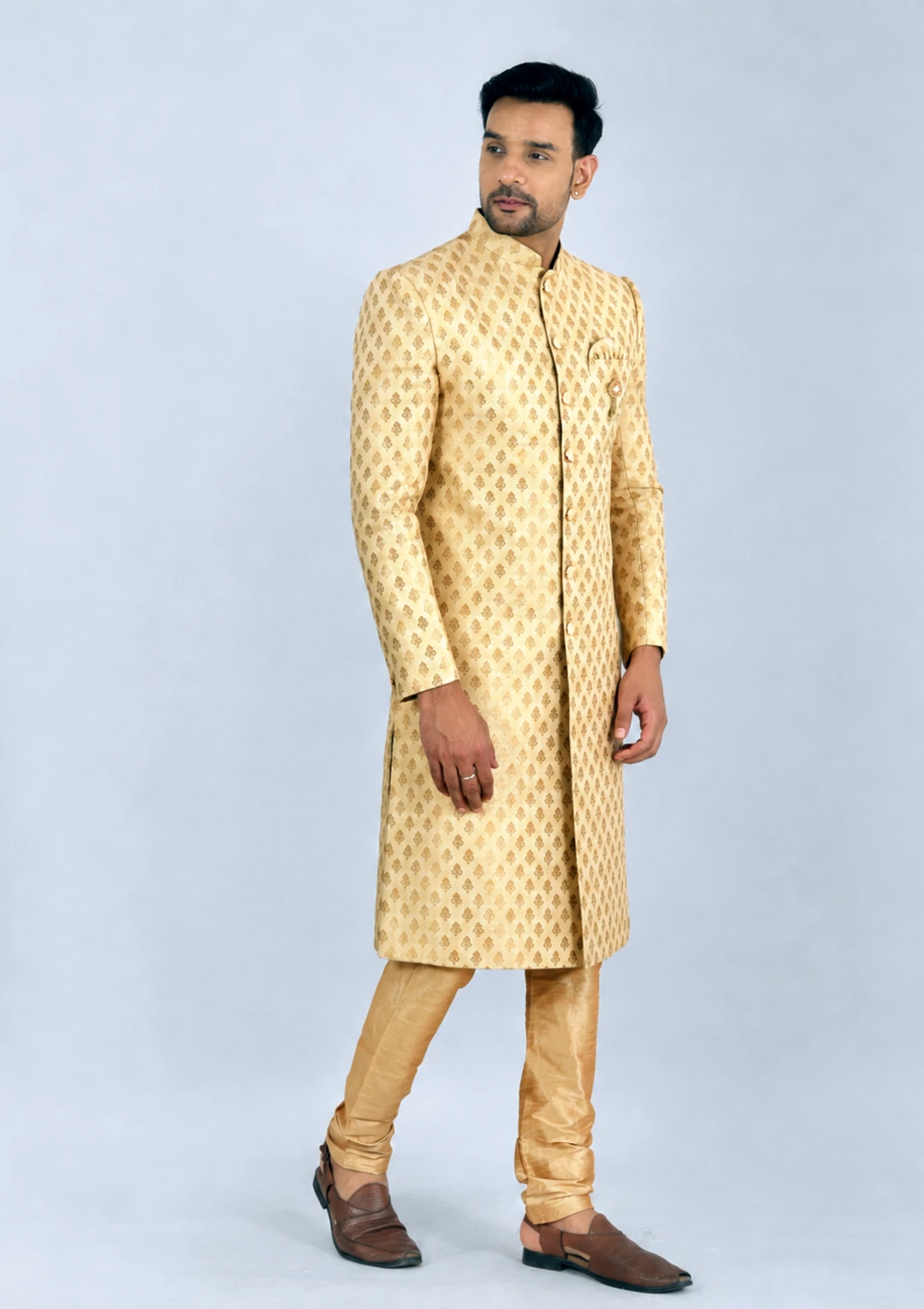 Light Gold Brocade Simple Sherwani for Men - Image 4