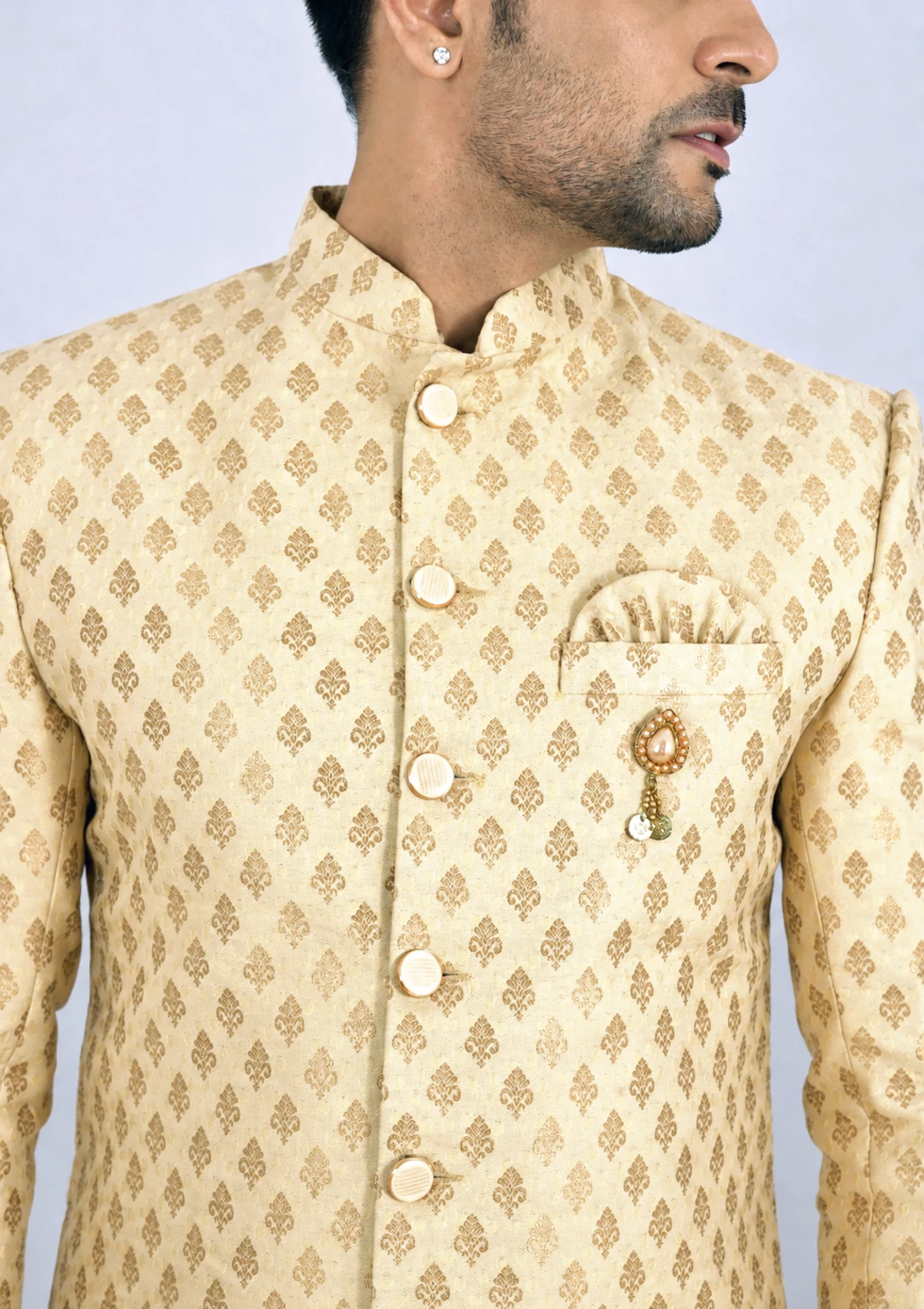 Light Gold Brocade Simple Sherwani for Men - Image 6