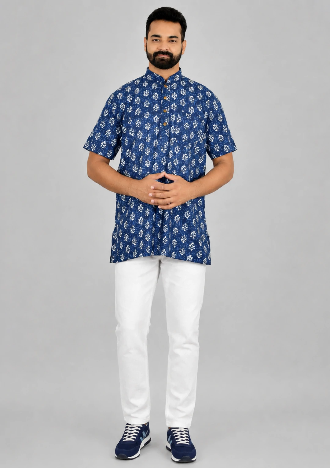 Cobalt Blue Sanganeri BlockPrint Cotton Short Kurta for Men
