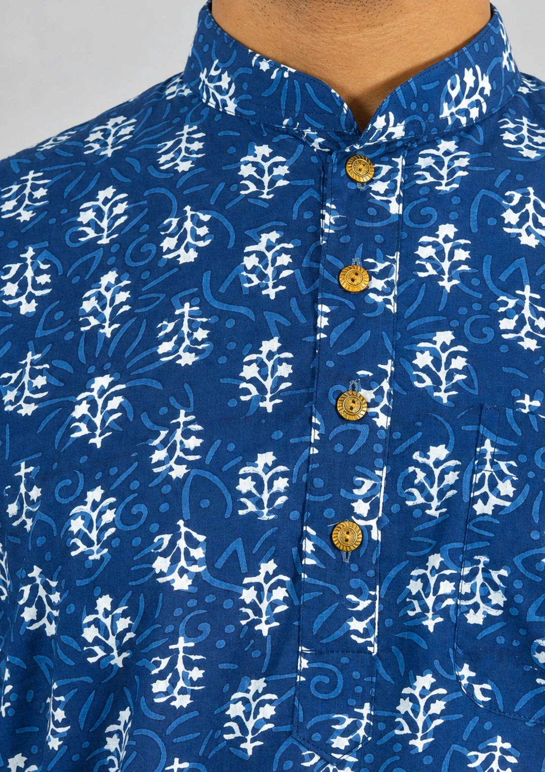 Cobalt Blue Sanganeri BlockPrint Cotton Short Kurta for Men - Image 5