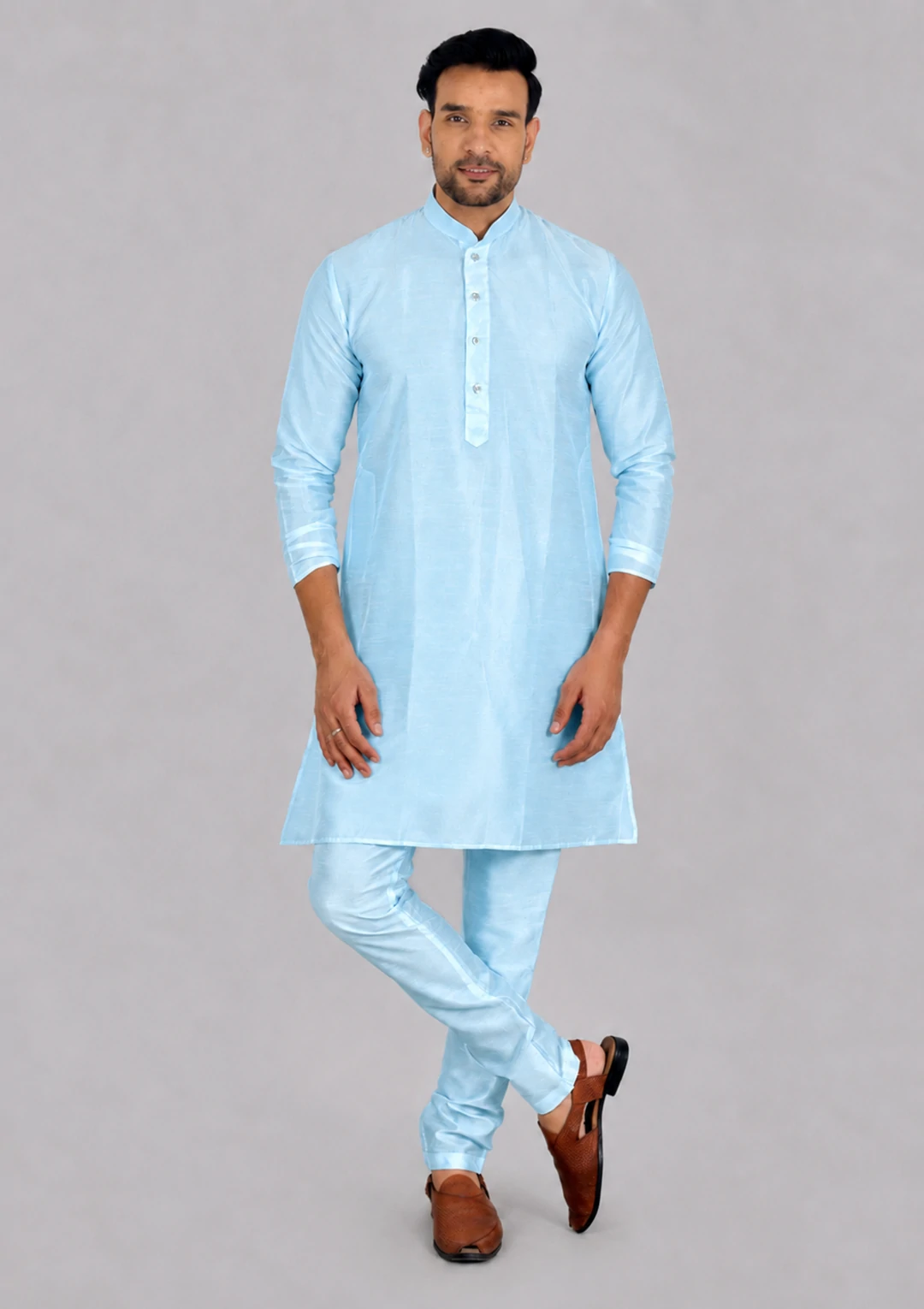 Powder Blue Dupion Silk Bandhgala Kurta for Men