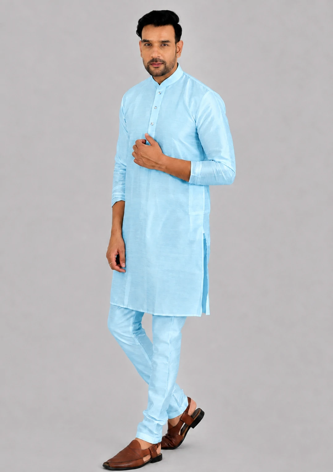 Powder Blue Dupion Silk Bandhgala Kurta for Men - Image 2
