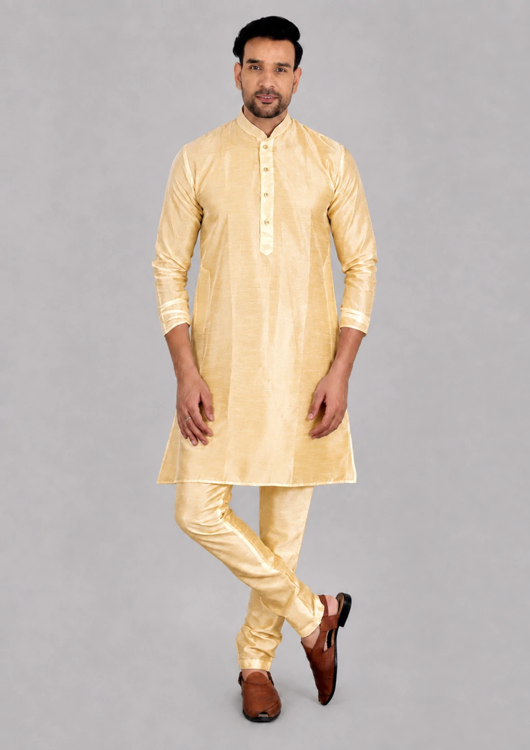Champagne Gold Dupion Silk Solid Kurta for Men
