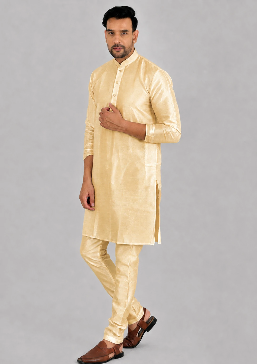 Champagne Gold Dupion Silk Solid Kurta for Men - Image 2