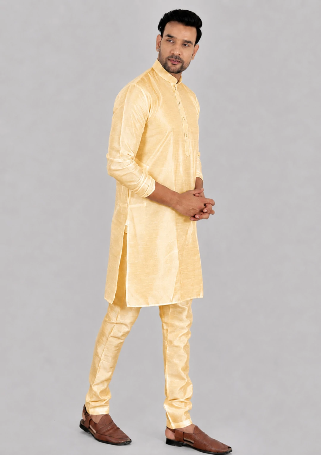 Champagne Gold Dupion Silk Solid Kurta for Men - Image 3