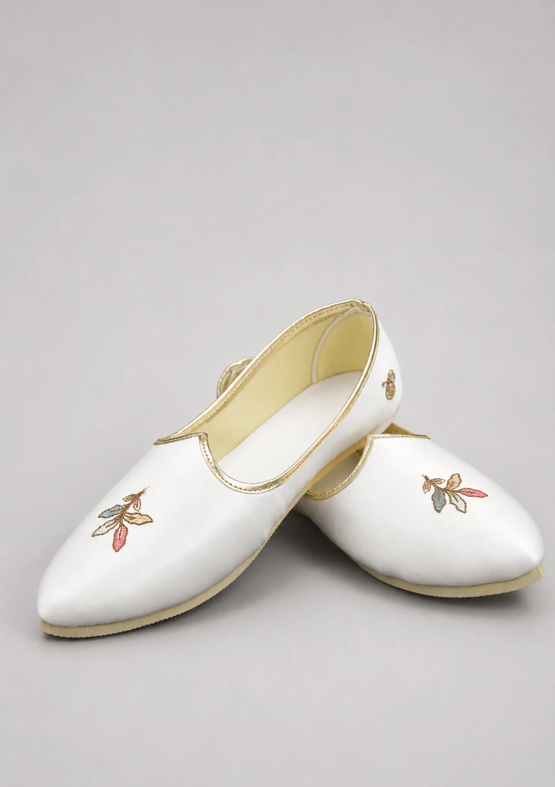 Off White Satin Silk Multi-Colored Embroidered Buti Mojari for Men